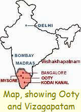 Map showing Ooty and Vizagapatam